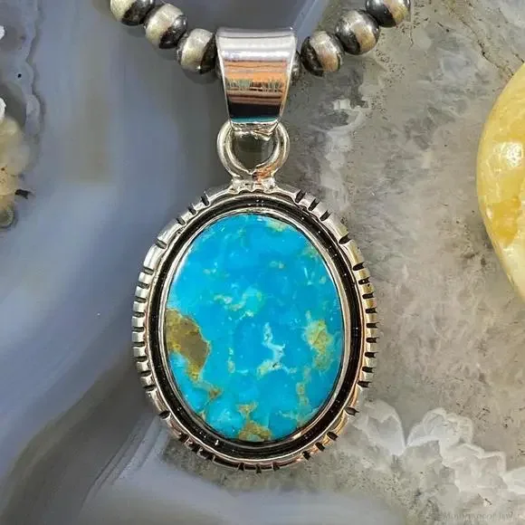 Native American Sterling Silver Blue Ridge Turquoise Oval Pendant For Women - Picture 1 of 10